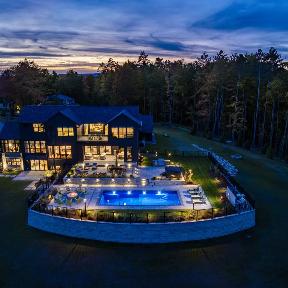Aerial view of a fiberglass pool installed by ProGuard Backyards in Syracuse, NY